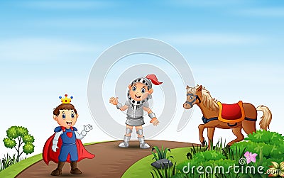 A prince and knight walking on the road Vector Illustration