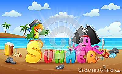Summer beach background with octopus pirate and parrot Vector Illustration