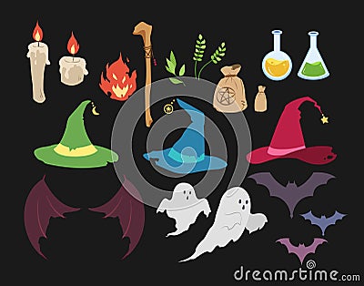 Witch and spooky ghost, halloween items set Vector Illustration