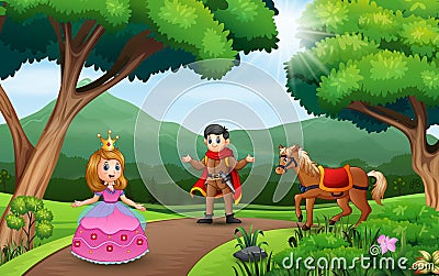 A couple prince and princess playing in the nature landscape Vector Illustration