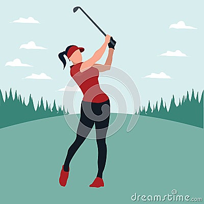 A woman swing golf stick in the golf field Vector Illustration