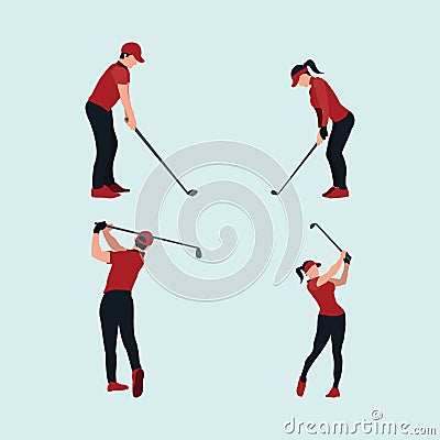 Playing a golf - a man and woman swing golf stick Vector Illustration