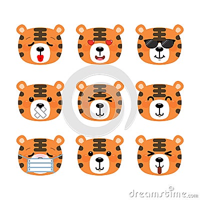 Set of cute cartoon tiger emoji set isolated on white background Vector Illustration