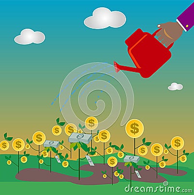 Watering to grow up a gold coin tree Stock Photo