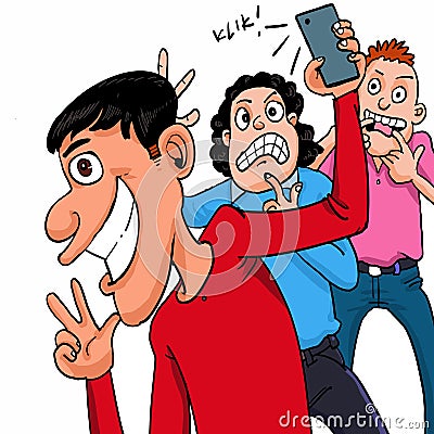Three kids with mobile taking selfie Vector Illustration
