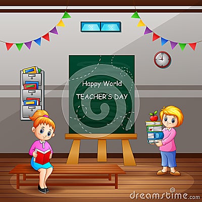 Happy Teacher`s Day text on chalkboard with woman teachers in the classroom Vector Illustration