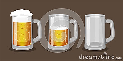 Three mugs of light beer with one full, one half-full and one empty Vector Illustration