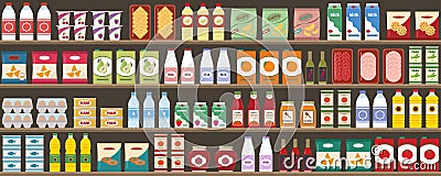 Supermarkets shelves with products and drinks. Seamless pattern. Shopping and food retail concept. Vector Illustration