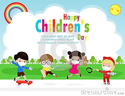 Happy children day for new normal lifestyle concept Template for advertising brochure or poster flyer, group cute kids Vector Illustration