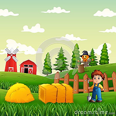 Young farmer working in a farmland Vector Illustration