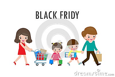 Black Friday Sale Event, Happy family shopping, parents and children with purchases on cart, Big sale. Purchasing of goods Vector Illustration