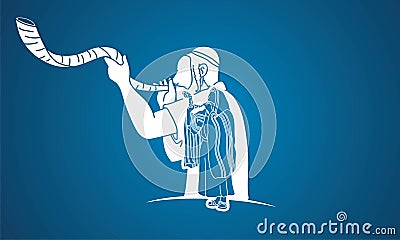 Feast of trumpets. Jewish people blowing the shofar horn cartoon graphic vector Vector Illustration