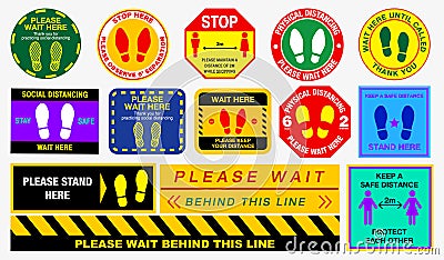 The Floor social distancing stickers or public health practices for covid-19 or health and safety protocols or new normal Vector Illustration