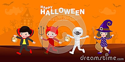 Happy halloween party poster, Cute Little group kids dressed in Halloween fancy dress to go Trick or Treating, banner background Vector Illustration