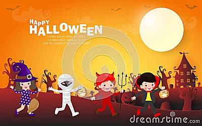 Happy halloween party poster, Cute Little group kids dressed in Halloween fancy dress to go Trick or Treating, paper art banner Vector Illustration