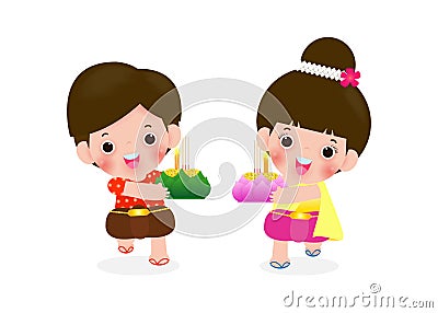 Loy Krathong Festival with cute Thai couple in traditiona costume holding krathong isolated on white background Celebration Vector Illustration