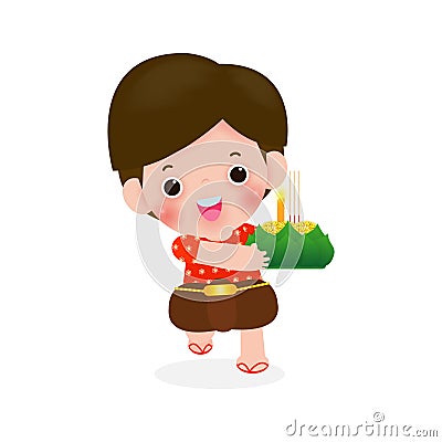 Loy Krathong Festival with cute little boy in Thai national costume holding krathong isolated on white background Celebration and Vector Illustration