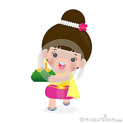 Loy Krathong Festival with cute little girl in Thai national costume holding krathong isolated on white background Celebration Vector Illustration