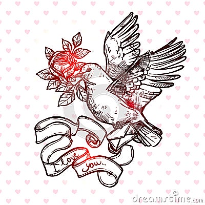 Hand Drawn Love, Wedding And Valentines Day Card With Pigeon With Rose And Letter Vector Illustration