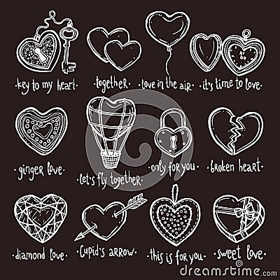 Love And Valentine Doodle Set On The Chalkboard. Hearts Color Collection Vector Illustration