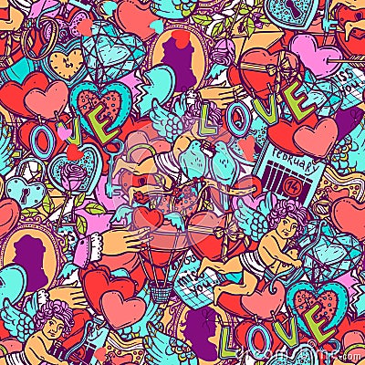 Love And Valentines Doodle Color Seamless Pattern Vector Illustration