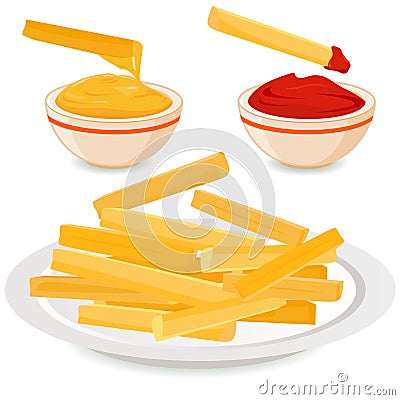 French fries and bowls with dipping sauces. Vector illustration. Vector Illustration