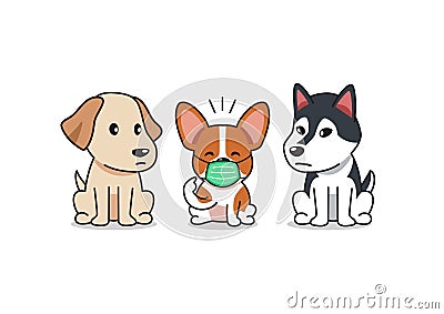 Cartoon character corgi dog wearing protective face mask with other dogs Vector Illustration