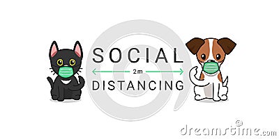 Covid-19 protection concept character cat and dog wearing protective face mask social distancing Vector Illustration