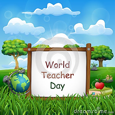 Happy Teachers Day sign with set of stationary elements at nature background Vector Illustration
