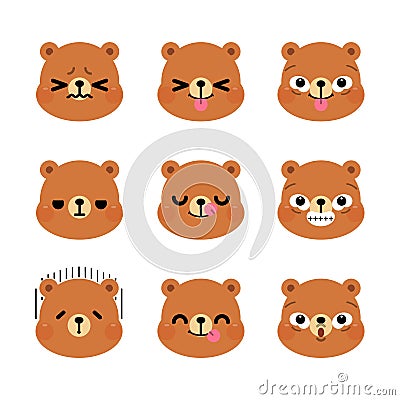 Set of cute cartoon bear emoji set isolated on white background Vector Illustration