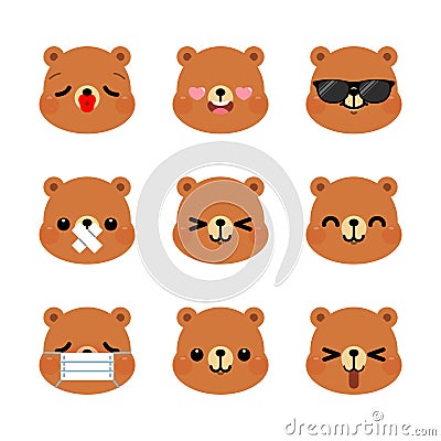 Set of cute cartoon bear emoji set isolated on white background Vector Illustration