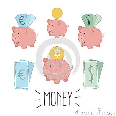 Business or finance saving concept with piggy bank and euros, dollars, bitcoins. Vector Illustration