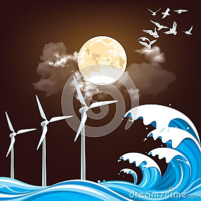 Offshore wind turbines at night Stock Photo