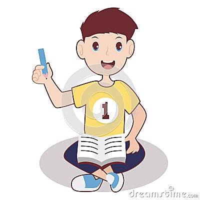 Boy smiling with pencil and book, vector illustration. Vector Illustration