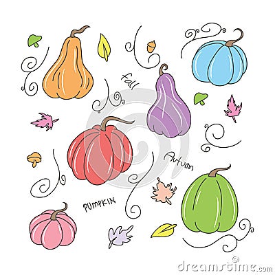 Pretty hand drawn Autumn Elements Set. Fall Floral Clipart vector illustration Cartoon Illustration
