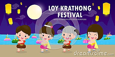 Loy Krathong Festival banner concept with cute Thai Children in National costume holding krathong in full moon night and lanterns Vector Illustration
