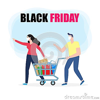 Black Friday Sale Event Couple Characters cartoon with Shopping trolley, new normal shopping lifestyle with protect coronavirus Vector Illustration