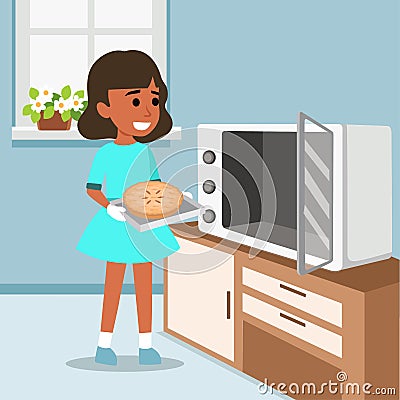 Girl Baking cake, Kitchen room isolated figure on background Vector Illustration