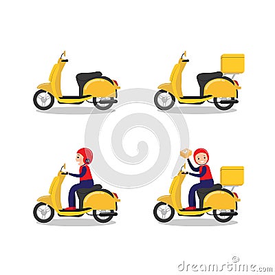 Set of motorcycle and happy delivery man riding scooter sending package. Vector Illustration