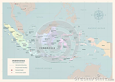 Large Vintage Detailed Vector Map of Indonesia with 34 Provinces Stock Photo