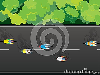 Aerial view of cyclists riding along a road between green meadows Vector Illustration