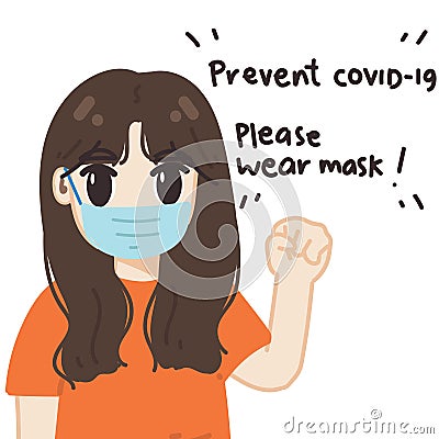 Prevent covid-19, please wear mask. cute girl in orange shirt wearing mask. poster for help reduce the risk of catching covid-19 Vector Illustration