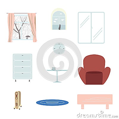 Set of pictures with furniture, interior details, different types of Windows. Isolated on a white background. Vector Illustration