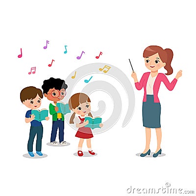 Female teacher conduct student choir for event at school. Musical extracurricular. Singing clip art. Happy boy and girl sing. Vector Illustration