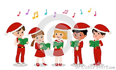 Cute boys and girls in Santa uniform perform Christmas carol. School choir clip art. Vector Illustration