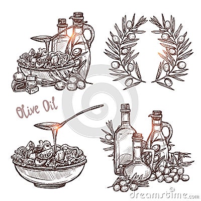 Olive Oil Sketch Set. Four Monochrome Olive Oil Concepts In Hand Drawn Style Vector Illustration
