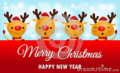 Merry Christmas and Happy new year, cheerful group of reindeer wearing christmas hats holding big sign board in Christmas snow Vector Illustration