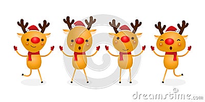 Merry Christmas and Happy new year, group of reindeer wearing christmas hats, set of collection deer isolated on white background Vector Illustration