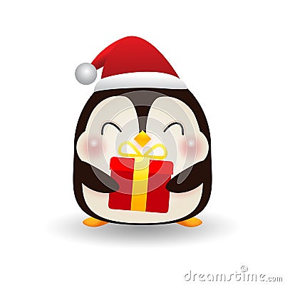 Merry Christmas and Happy new year, happy penguin wearing christmas hats santa claus with Christmas gifts isolated on white Vector Illustration