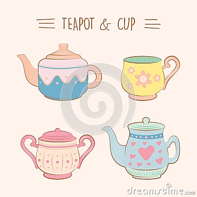 Collection of vintage cute teacup and cup illustration set flat color Vector Illustration